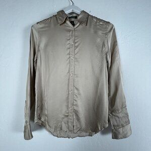 Lauren Ralph Lauren Womens Beige Long-Sleeve Button-Up Shirt Blouse Small Casual
